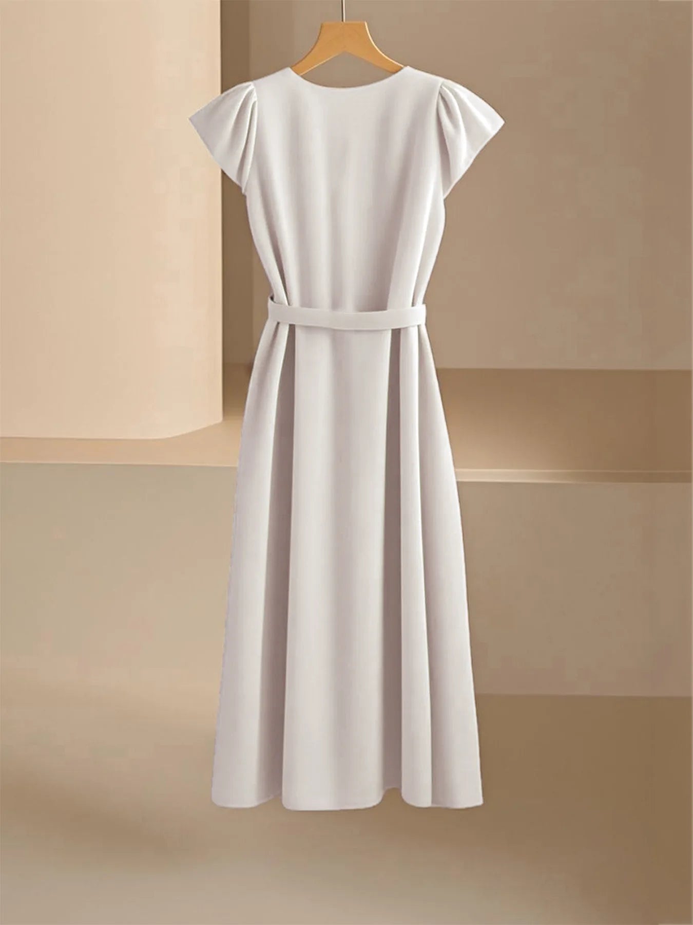 2024 Spring Summer Women's V-Neck Midi Dress Soft Stretch Office Casual Chic Solid Color No Belt Included