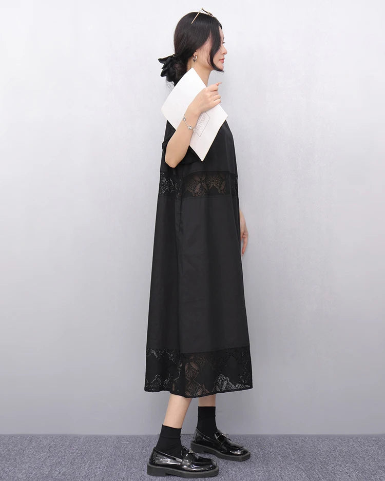 Lace Joined Loose Fit Korean Style Woman 2025 Summer Round Neck Short-Sleeve Black Pullover Dress Gorgeous Big Size Robe JKXD008
