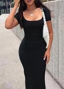 Women's Plain Square Neck Bodycon Dress, Casual Short Sleeve Long Dress for Summer, Ladies Clothes for Daily Wear, Women's dress