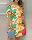 3XL Women's Casual Gradient Off Shoulder Short Sleeve Dress Bow Print Mini Dress