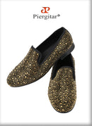 Piergitar 2024 Gold Crystals On Black Suede Slip-on Smoking Slippers Handmade Men's Loafers For Luxury Evening Party And Prom