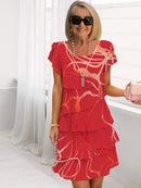 2025 Spring Chic Floral Print Chiffon Dress Woman Elegant Crew Neck Tierred Pleated Dress Summer Short Sleeve A-Line Party Dress