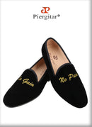 Piergitar BLack Velvet Men Moccasin With Gold Personality Letters Embroidery For Banquet And Party Handmade Slip-On Loafers