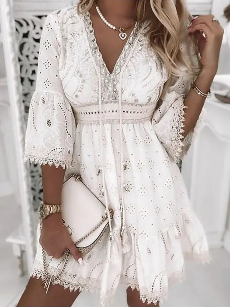 Women's White Hollow Lace up Mini Dress