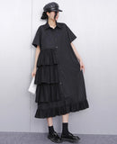 Ruffle Decoration New 2025 Summer Korean Style Woman Black Shirt Dress Loose Fit Chic Big Size Casual Holiday Dress Robe JKXD002