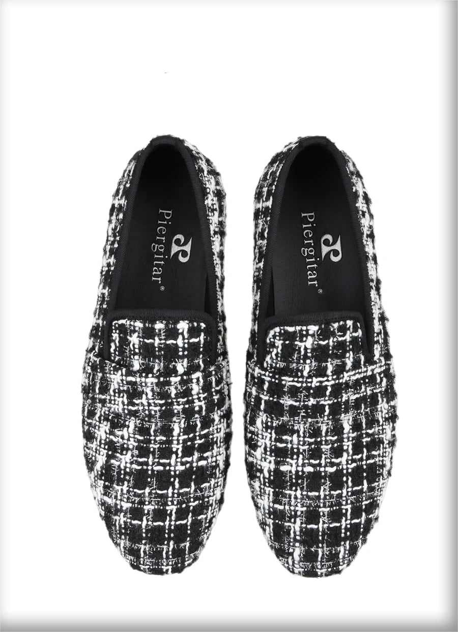 Luxury Brand Black and White Knitted cotton Men's penny Loafers British Classic Slip On Smoking Slippers
