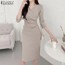 ZANZEA Summer Fashion Womens Dress Sexy Solid Color Knee Length Bodycon Sundress Elegant 3/4 Sleeve V-Neck Work OL Vestidos 2025