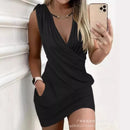 2024 Spring Summer New Women's Clothing Solid Color Drawstring Retaining Ring V-neck Pocket Dress