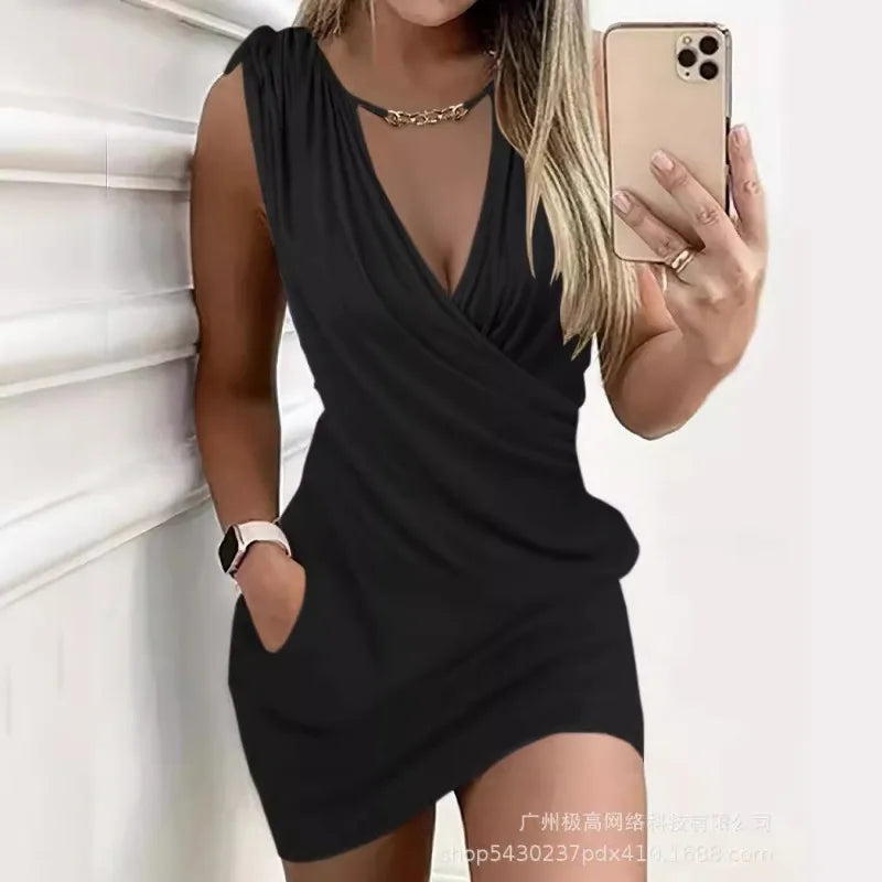 2024 Spring Summer New Women's Clothing Solid Color Drawstring Retaining Ring V-neck Pocket Dress