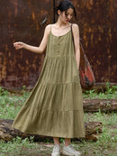 Cotton Linen Long Spaghetti Strap Dress