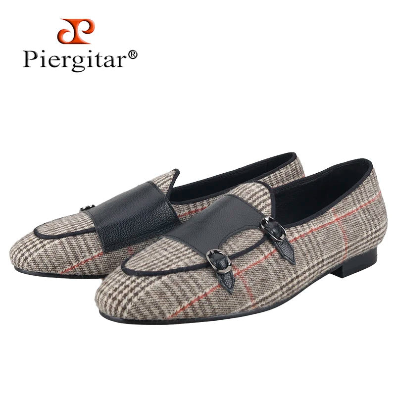 Piergitar 2024 Summer Style Plaid Cotton Men's Loafers Handmade Stitching Metal Buckle Monk Slippers Breathable Leather Insole
