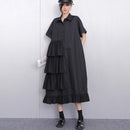 Ruffle Decoration New 2025 Summer Korean Style Woman Black Shirt Dress Loose Fit Chic Big Size Casual Holiday Dress Robe JKXD002