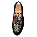New Black Velvet Thread Dragon Print Satin Belgian Loafers for Men with Leather Tie Handcrafted Moccasin