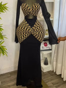 Women Houndstooth Printed Long Sleeve Draped Ruched Bodycon Mini Dress