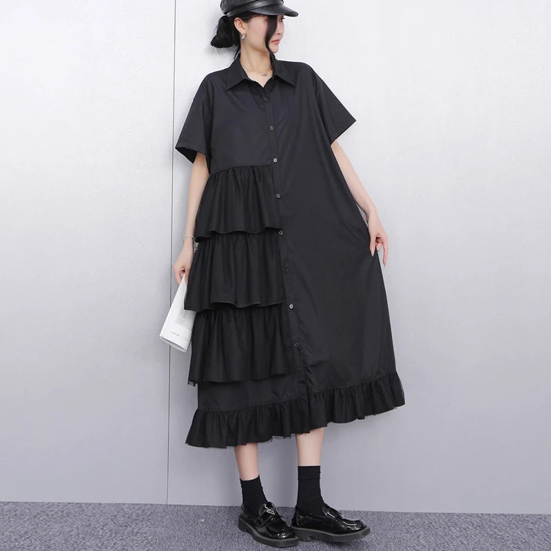 Ruffle Decoration New 2025 Summer Korean Style Woman Black Shirt Dress Loose Fit Chic Big Size Casual Holiday Dress Robe JKXD002