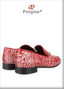 Piergitar Classic Model Gold Horsebits Men's Loafers Red And Light Green Crocodile Pattern Calfskin Handmade Slip-On Slippers