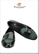 Piergitar Black Polished Leather Patchwork Green Crocodile Suede Men's Monk Shoes Handmade Slip-On Loafers For Wedding And Party