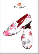 Piergitar White Color Fabric Of China Oil Painting Style Men's Loafers For Fashion Party And Wedding Handmade Slip-On Flats