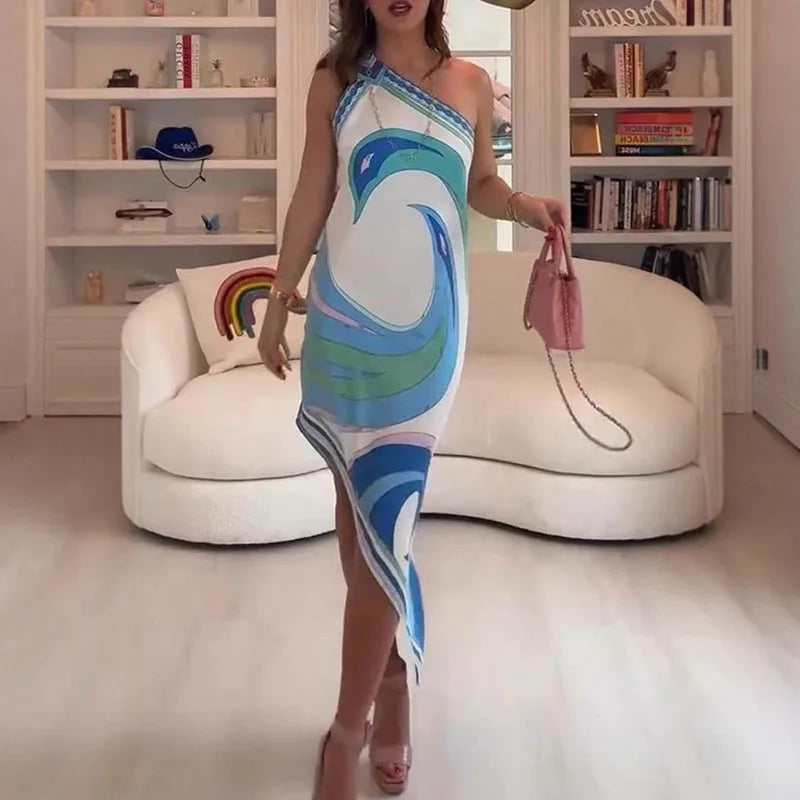 Summer Sexy Inclined Shoulder Hollow Satin Dress Woman Casual Print Loose Irregular Dress Spring Skew Collar Backless Long Dress