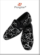 Piergitar Black Velvet And Octodandelion Strass Loafers Luxury Brand Same Design Red Bottom Handmade Crystals Men's Moccasins