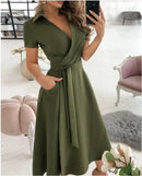 2023 Spring Autumn Dress Women Fashion Solid Slim Pocket Lace Up Dress Women Casual Printed Short Sleeve V-neck High Waist Dress