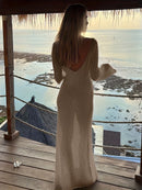 Sexy Women White Long Knit Sleeve Bikin Fashion Cover up Female See-Through Deep V-Neck Hollow-Out Beach Knitwear Backless Dress