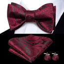 Hi-Tie Red Black Purple Paisley Mens Bow Tie Hanky Cufflinks Set Self-tied Butterfly Knot Bowtie for Male Wedding Business