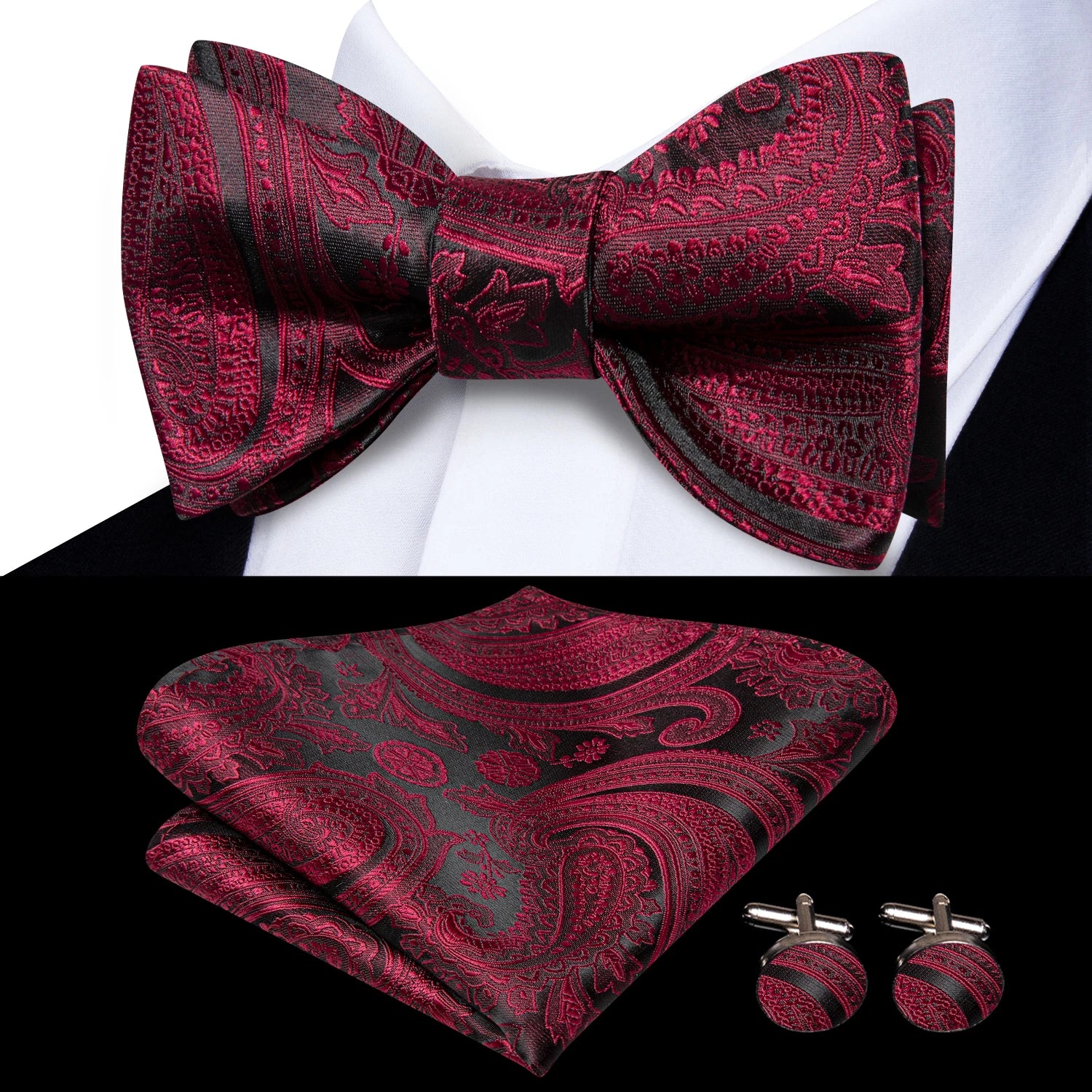 Hi-Tie Red Black Purple Paisley Mens Bow Tie Hanky Cufflinks Set Self-tied Butterfly Knot Bowtie for Male Wedding Business