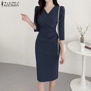 ZANZEA Summer Fashion Womens Dress Sexy Solid Color Knee Length Bodycon Sundress Elegant 3/4 Sleeve V-Neck Work OL Vestidos 2025