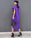 Extra Sleeves Decorated New 2025 Summer Korean Style Woman Purple Shirt Dress Loose Fit Chic Unique Big Size Casual Robe JKXD005