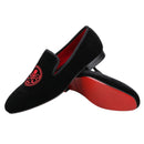 New Style Black Velvet Moccasins Embroidered Skull Design Slip-On Smoking Shoes for Men