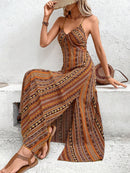 Women's Summer Ethnic Pattern Backless Split Thigh Dress Ladies Summer Clothes Boho Fashion Frill Trim Long Dress for Beach