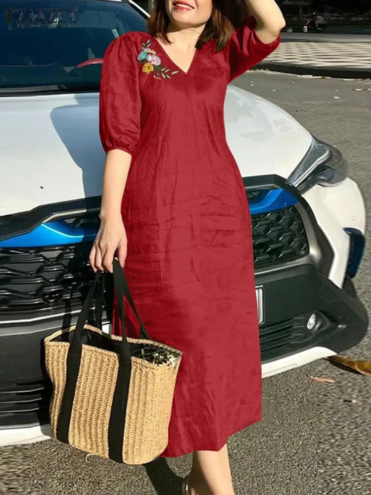Women's V-Neck Floral Embroidery Midi Dress