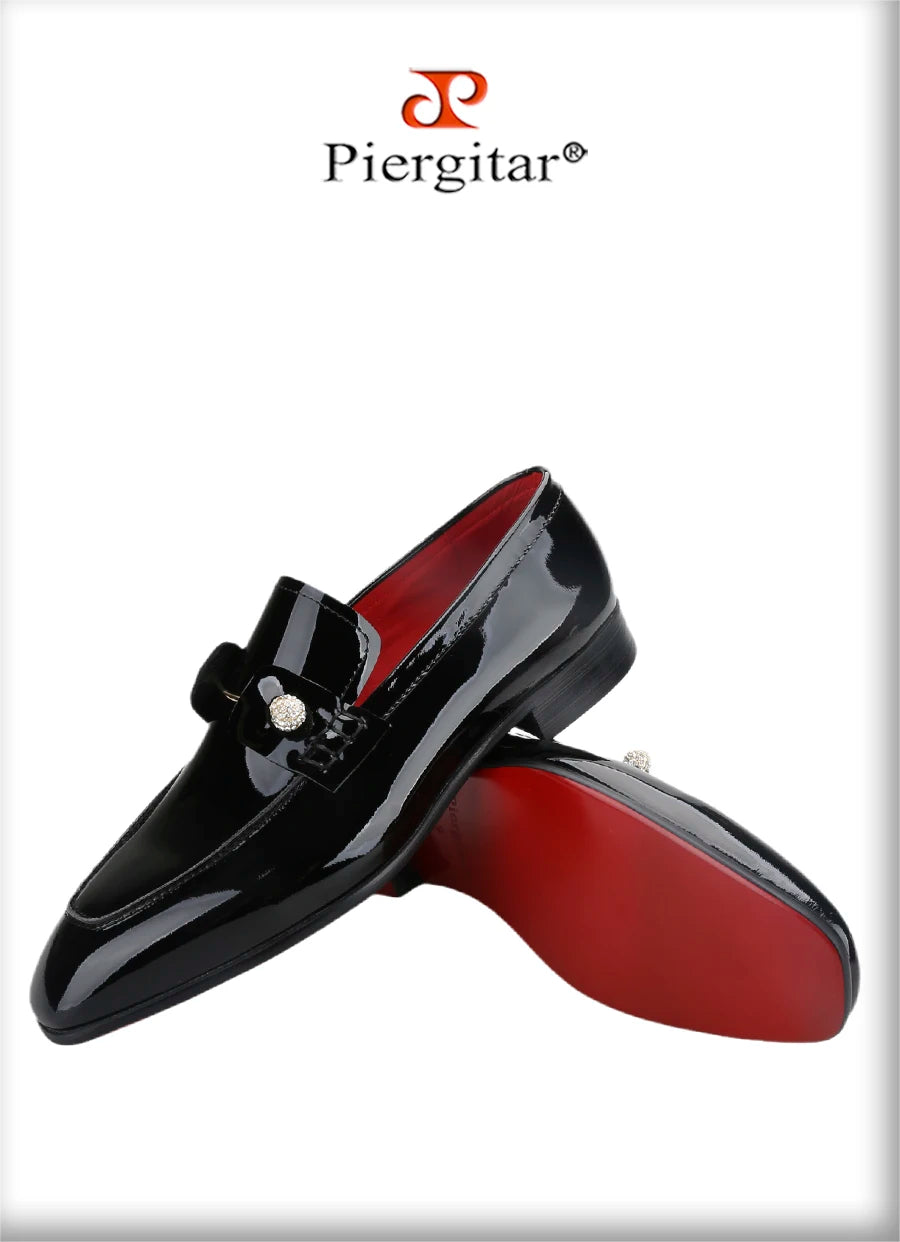 Piergitar Black Patent Calf Leather Men's Loafers With Silver Balls Crystals Buckles Handmade Moccasins For Wedding Or Prom Wear