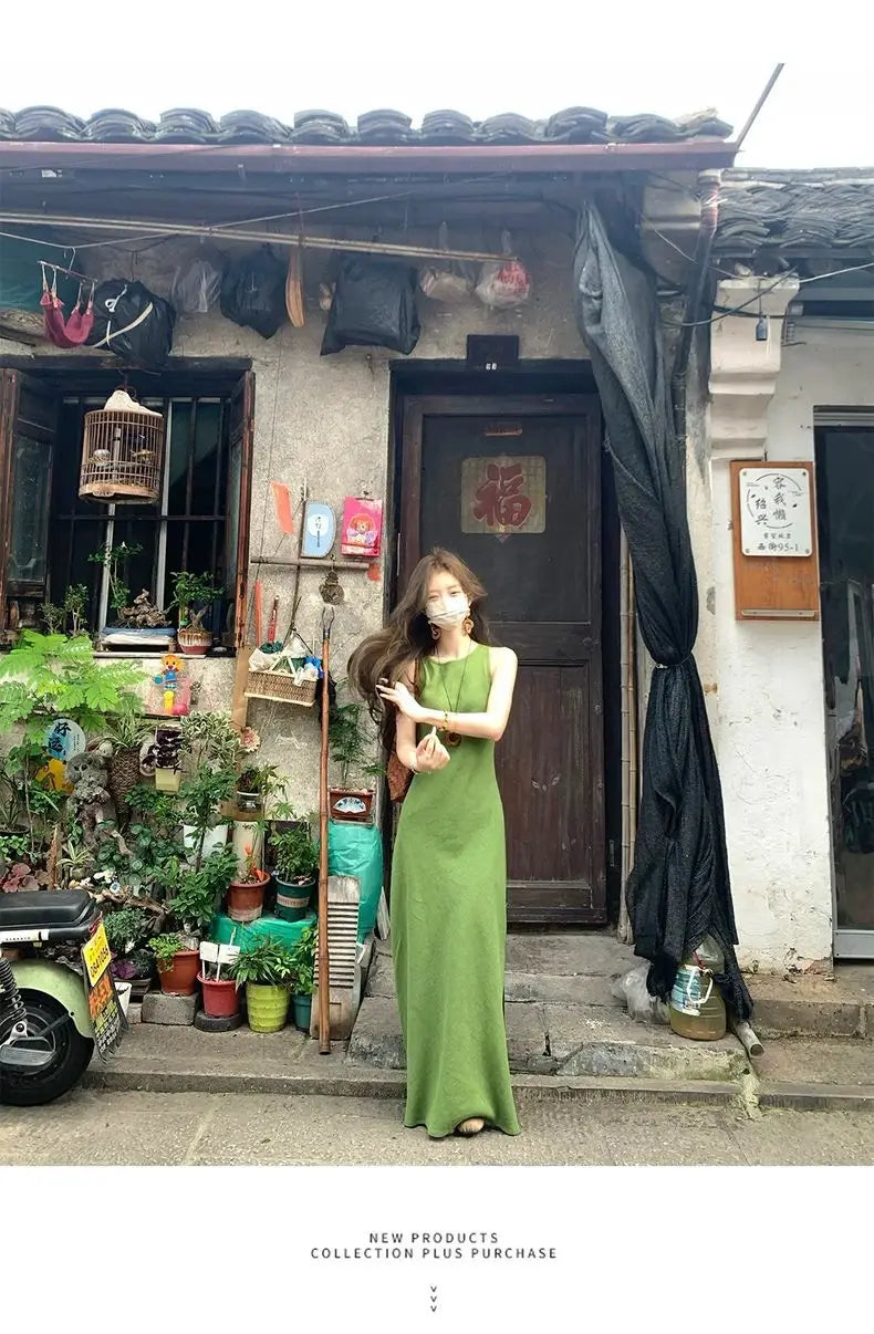 Ramie Linen Slip Dress 2025 Summer Women Sleeveless Maxi Dress Organic Minimalist Aesthetic Waist Defined Sustainable ResortWear