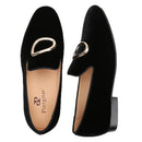 Piergitar Black Velvet Classic Men's Loafers For Fashion Party And Wedding Circle Metal Buckles Slip-On Flats Red Color Outsoles