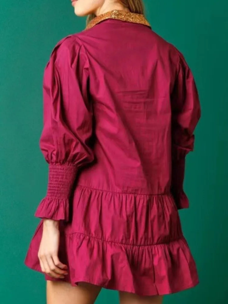 Women Long Sleeve Sequin Shirt Dress