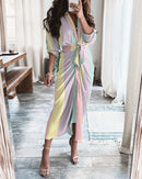 Summer Bandage Shirt Women Fashion Button Ruched Dress Casual Short Sleeve Printed Dress Female Elegant Party Dress Robe