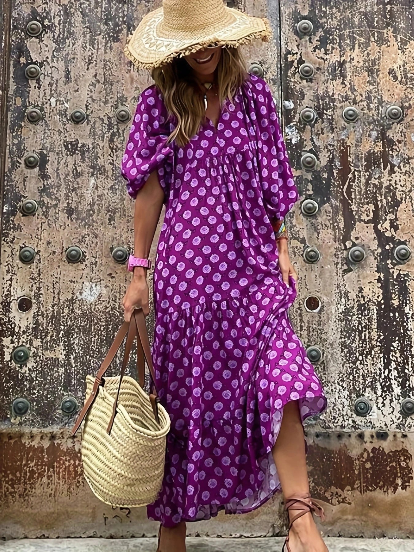 Women Dress Summer Puff SleeveBoho V Neck Printing Long Dress LooseHoliday Beach Female Casual FloralDresses Party Vestidos