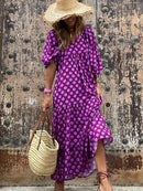 Women Dress Summer Puff SleeveBoho V Neck Printing Long Dress LooseHoliday Beach Female Casual FloralDresses Party Vestidos