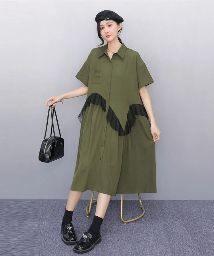 Mesh Ruffles Joined New 2025 Summer Woman Short-Sleeve Green Shirt Dress Loose Fit Tide Big Size Girls Casual Large Robe JKXD026