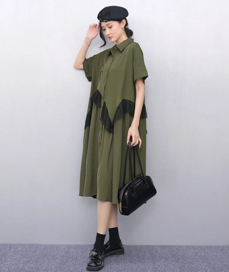 Mesh Ruffles Joined New 2025 Summer Woman Short-Sleeve Green Shirt Dress Loose Fit Tide Big Size Girls Casual Large Robe JKXD026