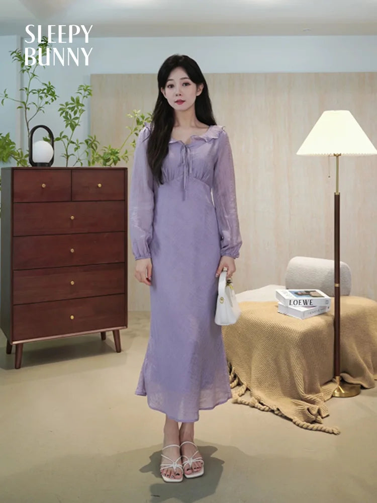 Elegant Purple Long Sleeve Dress for Women Summer Slim Fit Mermaid Maxi Dress High Waist Bodycon Formal Outfit for Petite Ladies
