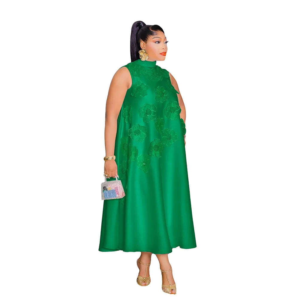 Women Sleeveless Loose 3D Flower O-neck Dress 2025 Summer Bodycon African Street Midi Maxi