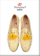 Piergitar 2022 Summer Chinese Style Totem Print Silk Men's Loafers Handcrafted Tassel Slip-On Smoking Slippers For Party Wedding
