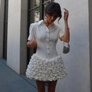 Short Sleeve White Dress with 3D Flower Women's Lapel Button Pleat Neck