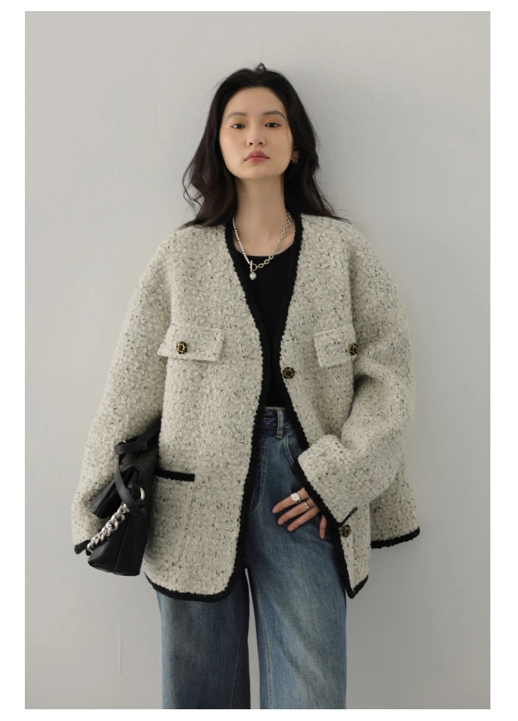 CHIC VEN Women's Woolen Coat Heavy Industry Down Jacket Vintage V-Neck Woman Down Coat Female Tops Autumn Winter 2024