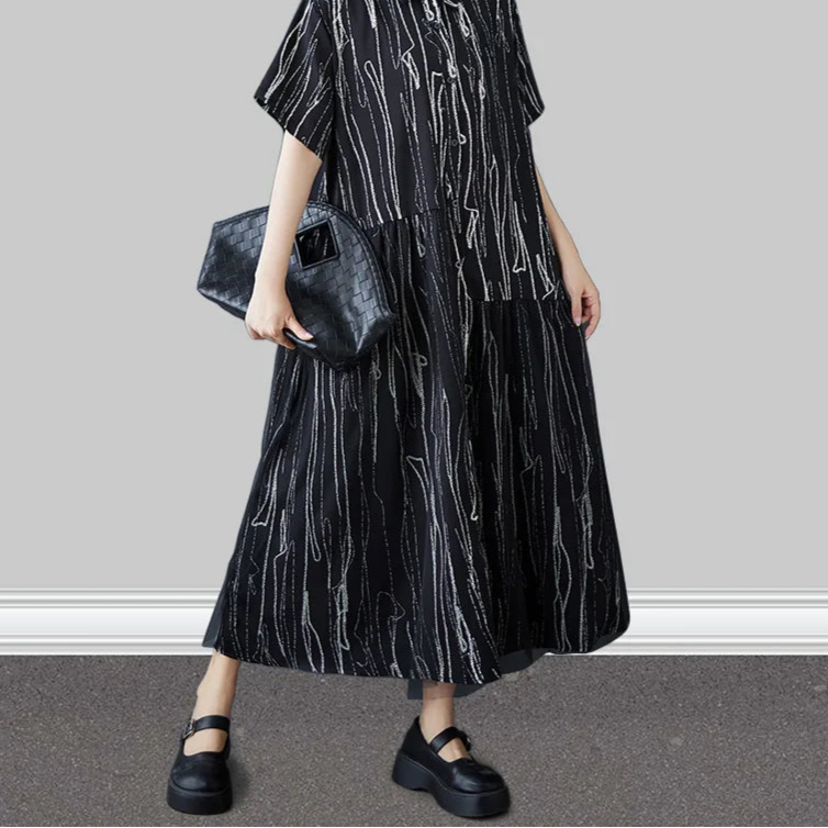 Stripe Print Mid Length Buttoned Midi Dress
