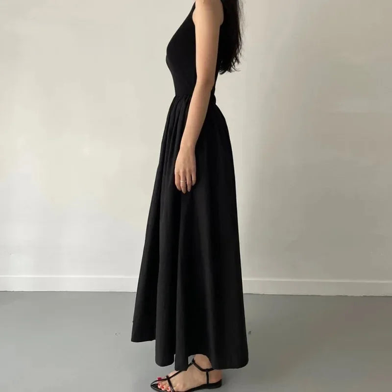 Simple Elegant Long Black Dresses For Woman Round Neck Sleeveless Low Waist