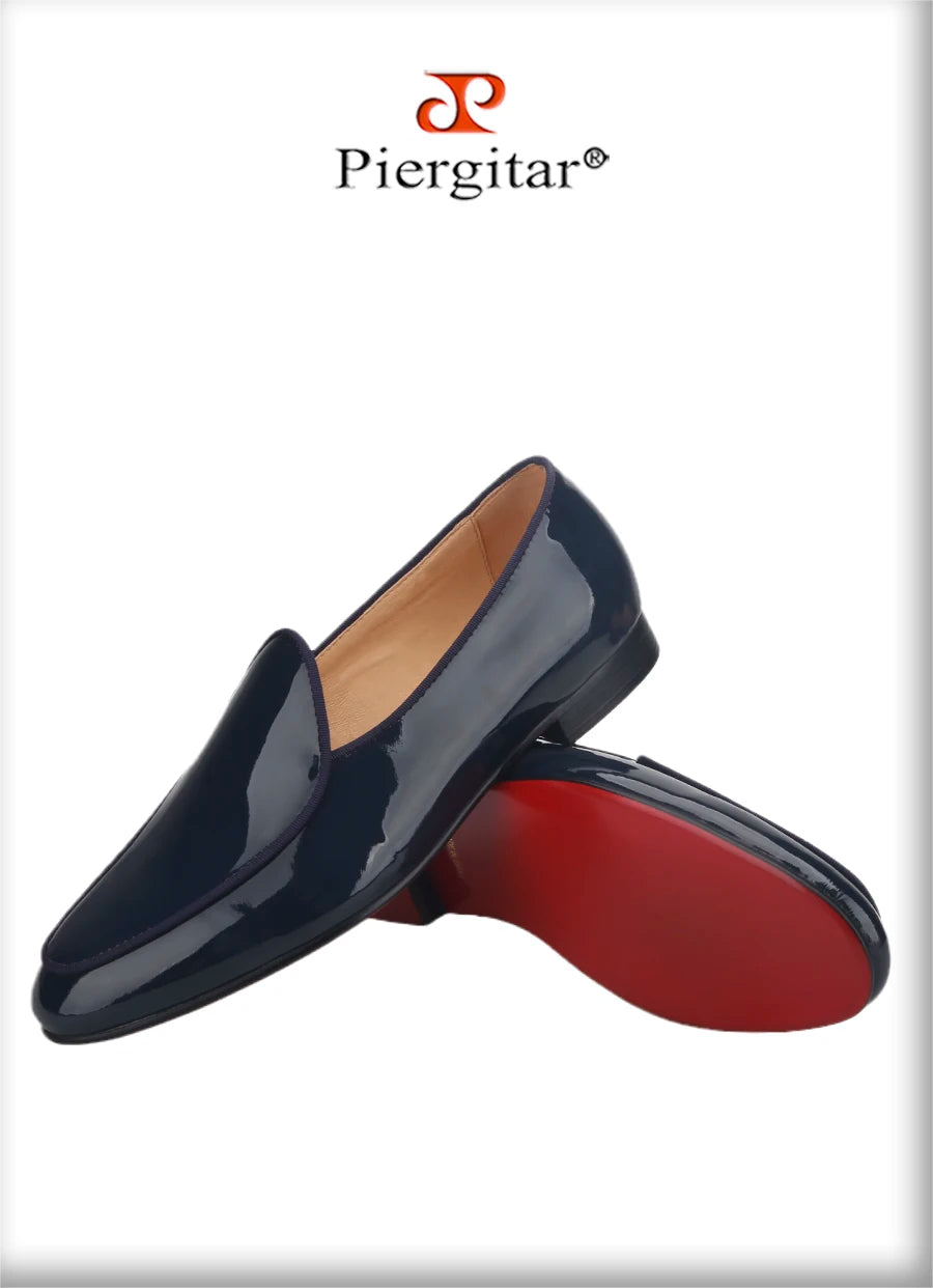 Piergitar Classic Style Black Patent Leather Slip-On Loafers For Party And Wedding Handmade Men's Dress Shoes Luxury Red Bottom